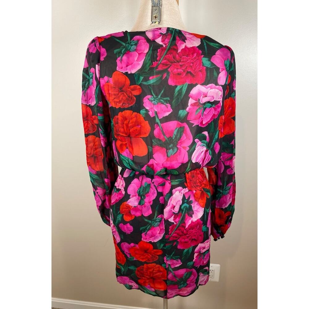 THE KOOPLES Dolve Vita Floral Rose Silk Wrap Long Sleeve Mini Dress Size Large - Picture 10 of 14